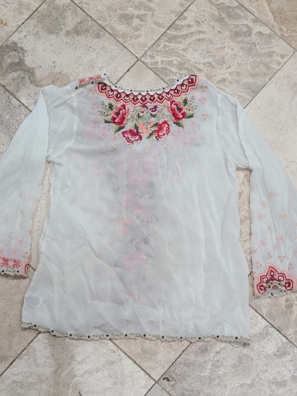 Johnny Was White Tunic with Pink & Green Floral Embroidery - Picture 10 of 14